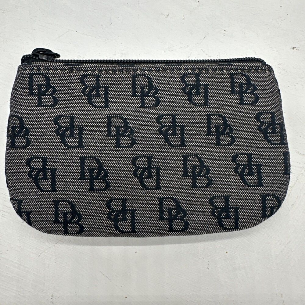 Vintage Dooney & Bourke Signature DB Monogram Canvas Coin Purse Grey Black Zip